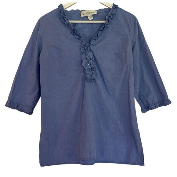 Sara Campbell Cotton ruffle neck popover blouse 8 - Picture 1 of 8